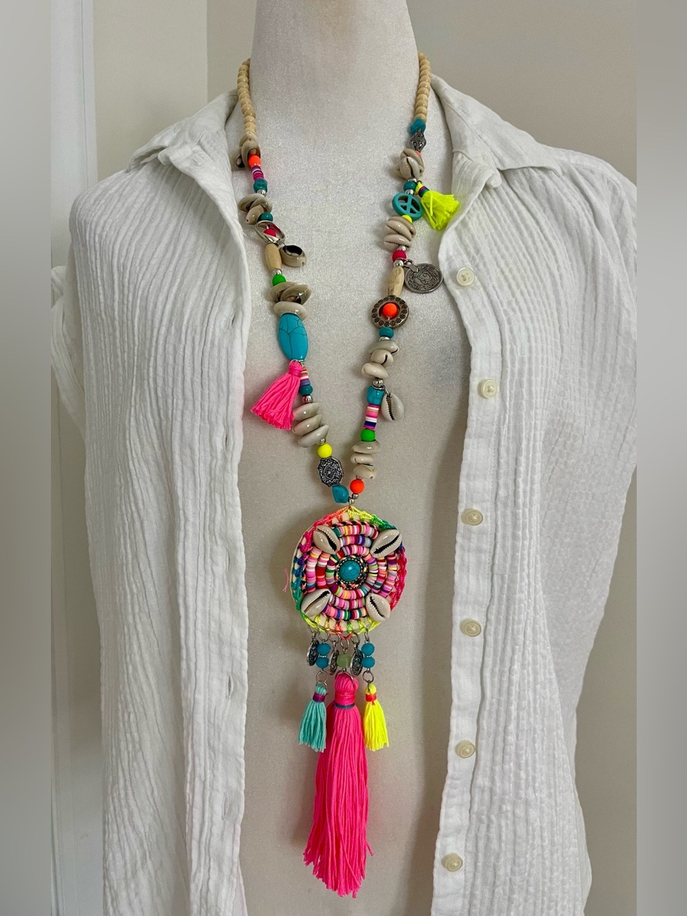 Neon Punk Boho Bohemian Multicolor Tassel Shell Pendant Necklace